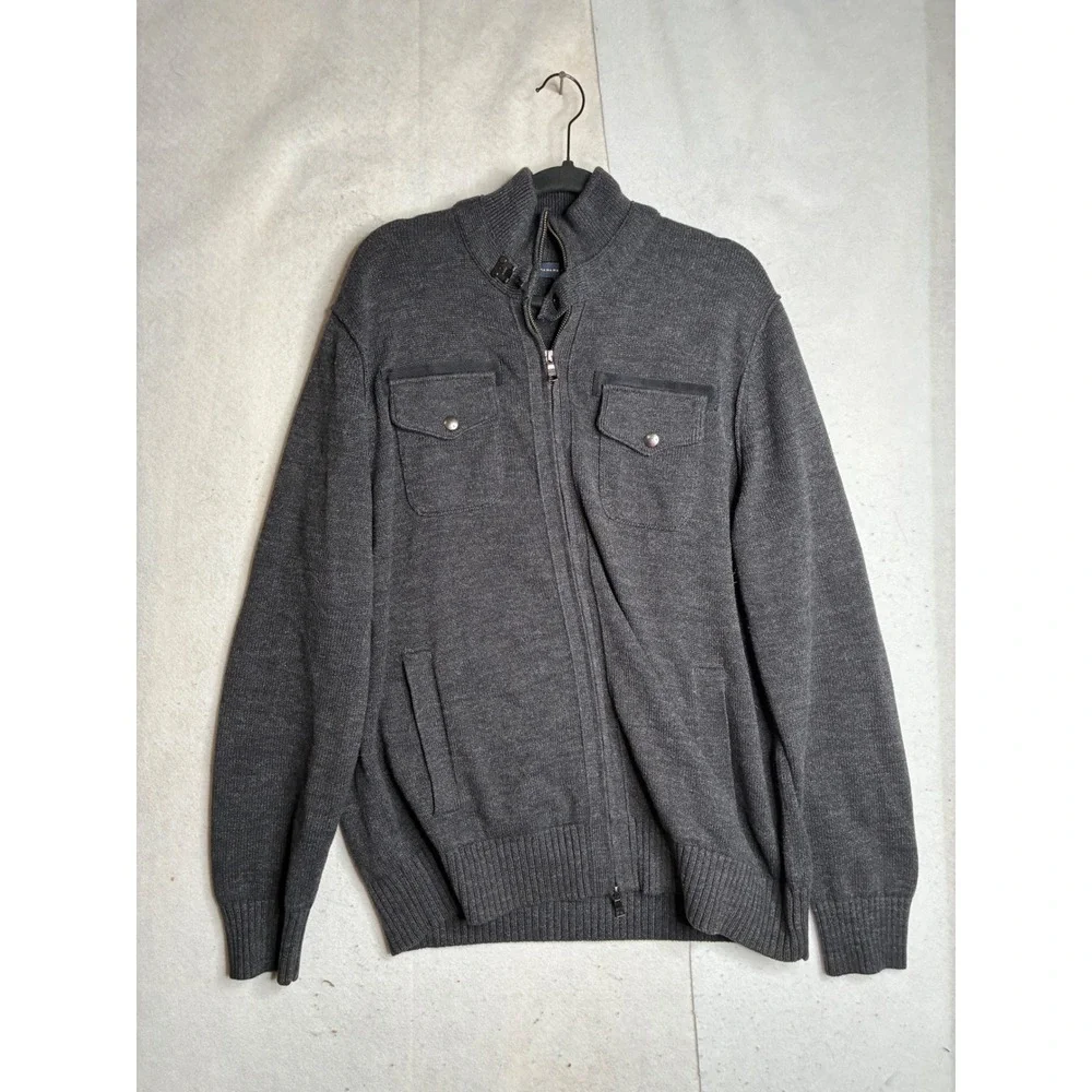 Banana Republic Mens XL Full Zip Cardigan Sweater Charcoal Gray Cotton Mock Neck